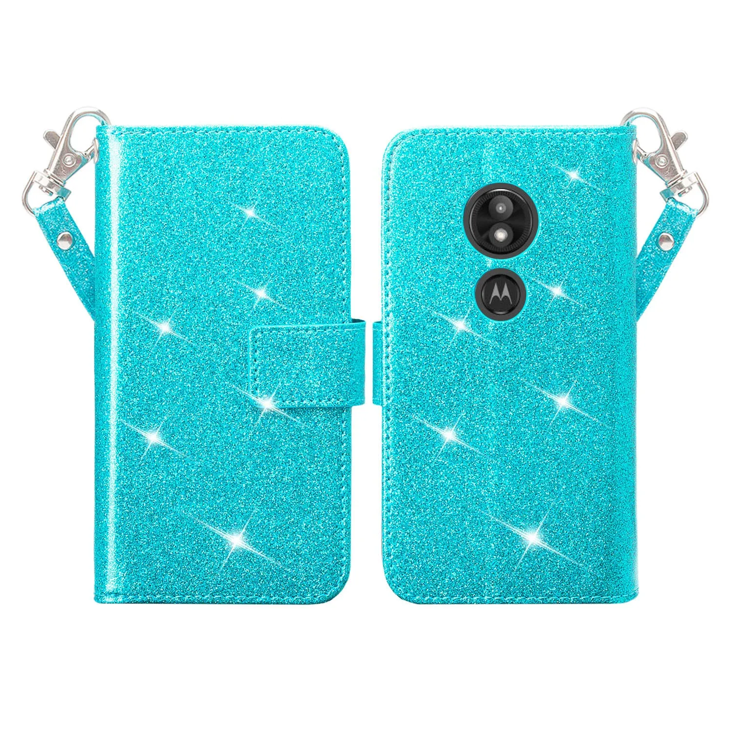 Motorola Moto E5 Plus , e5 Supra Case, [Wrist Strap] Glitter Faux Leather Flip [Kickstand Feature] Protective Wallet Case Cover Clutch - Teal