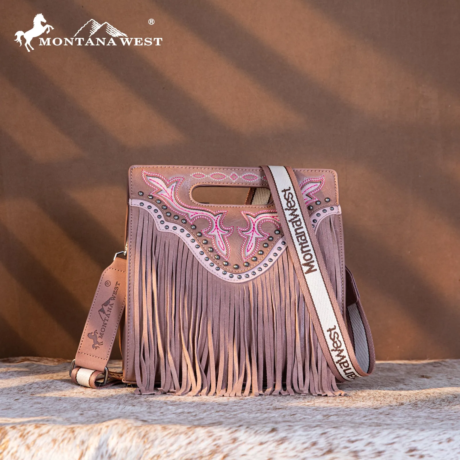 MW1281G-9360  Montana West Fringe Embroidered Concealed Carry Tote/Crossbody - Dusty Pink