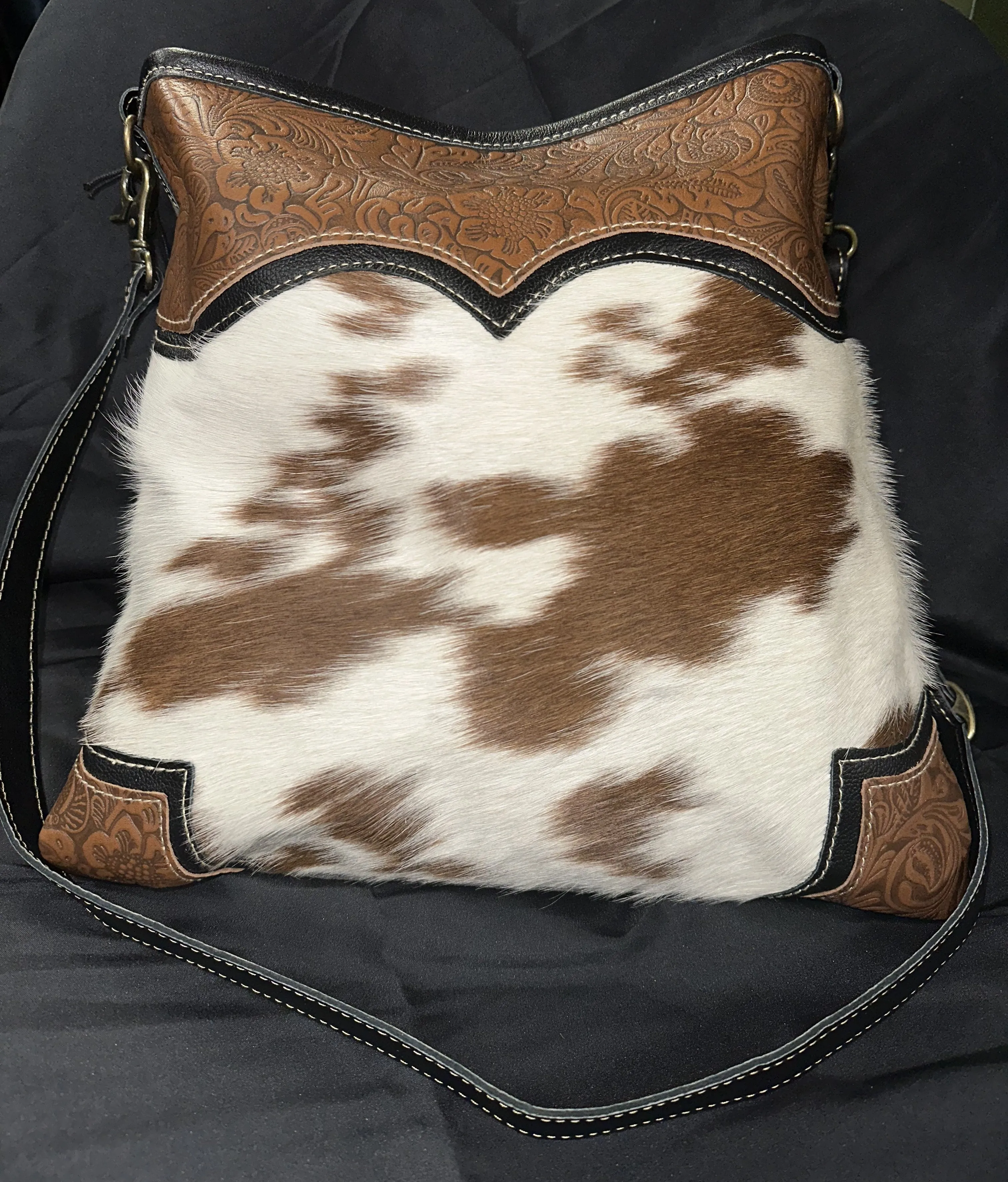 Myra Bag: "CATTLE PARDO CANVAS & HAIR-ON BAG"