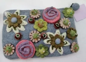 New RISING TIDE Boiled Wool Felt Clutch Purse Evening Bag GRAY FLOWER FLORAL Textured