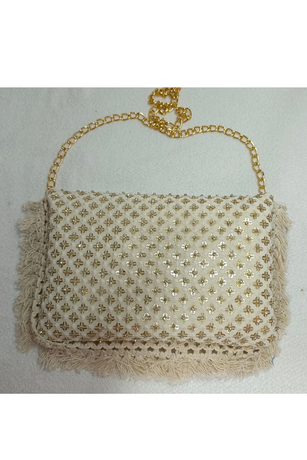 Off White Embroidered Georgette Handbag