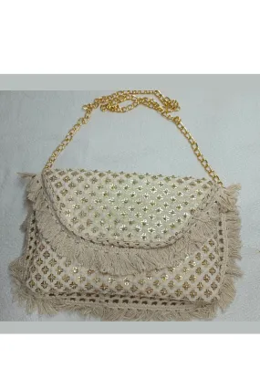 Off White Embroidered Georgette Handbag