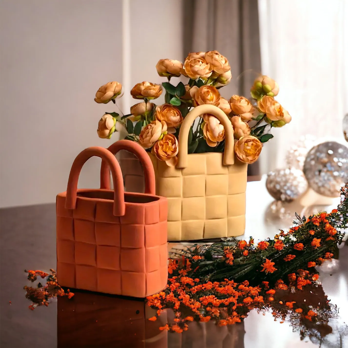 Orange Garden Weave Basket Handbag Vase