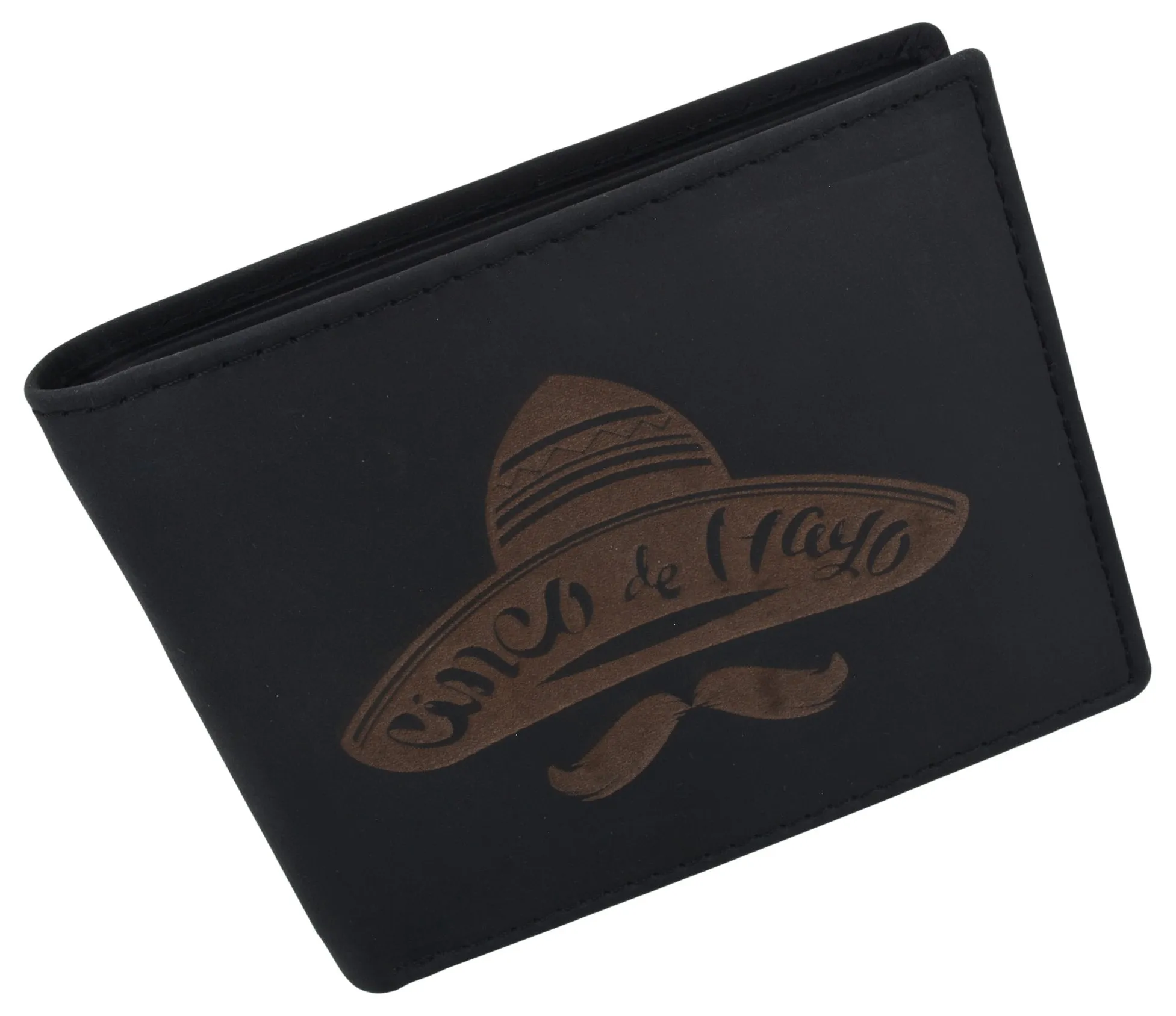 RFID Blocking Mens Genuine Leather Bifold 5 de Mayo Sombrero Logo Wallet /53HTC Sombrero