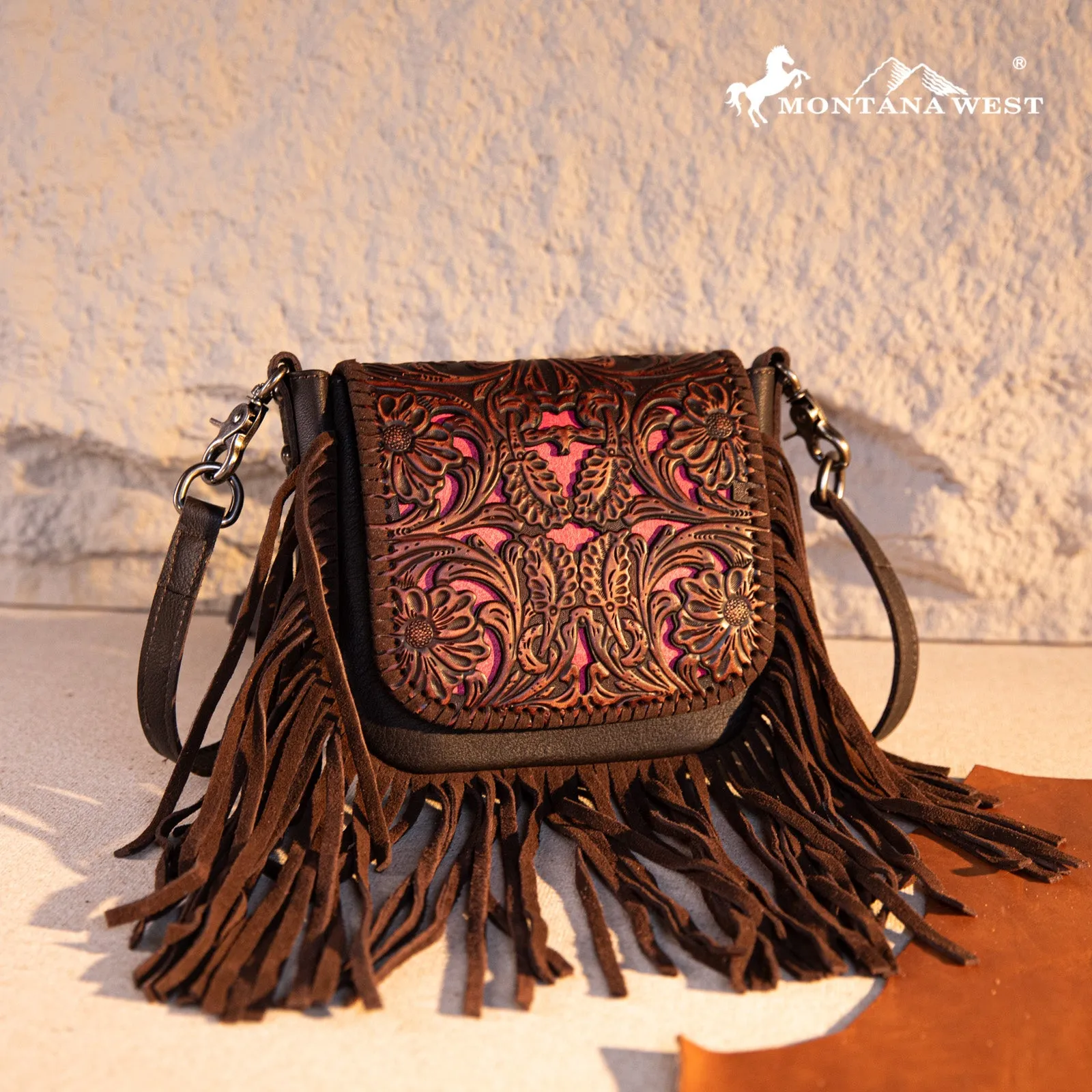 RLC-L188 Montana West Genuine Leather Tooled Fringe Crossbody