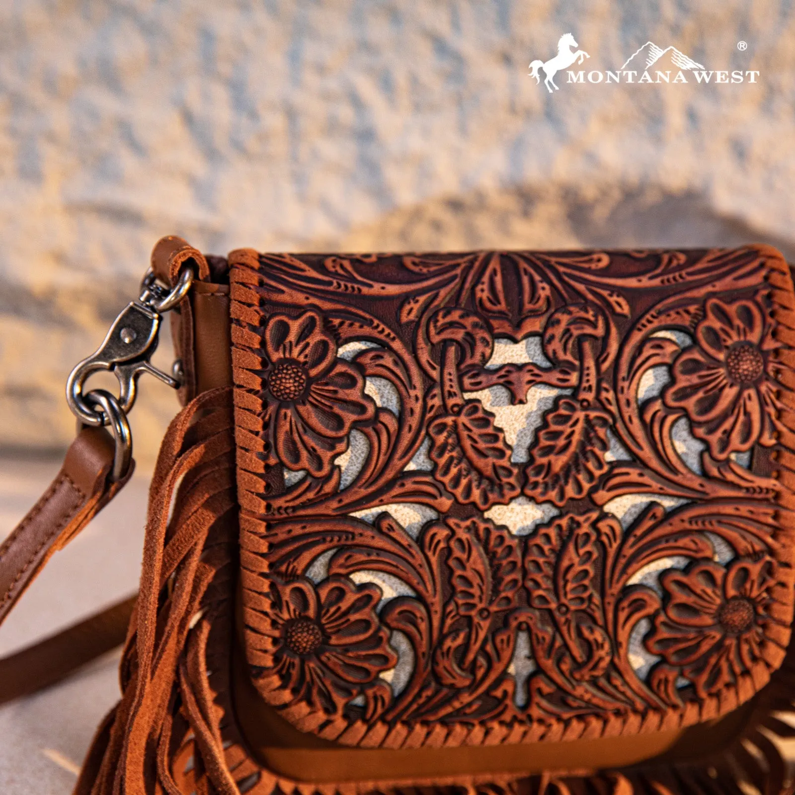 RLC-L188 Montana West Genuine Leather Tooled Fringe Crossbody