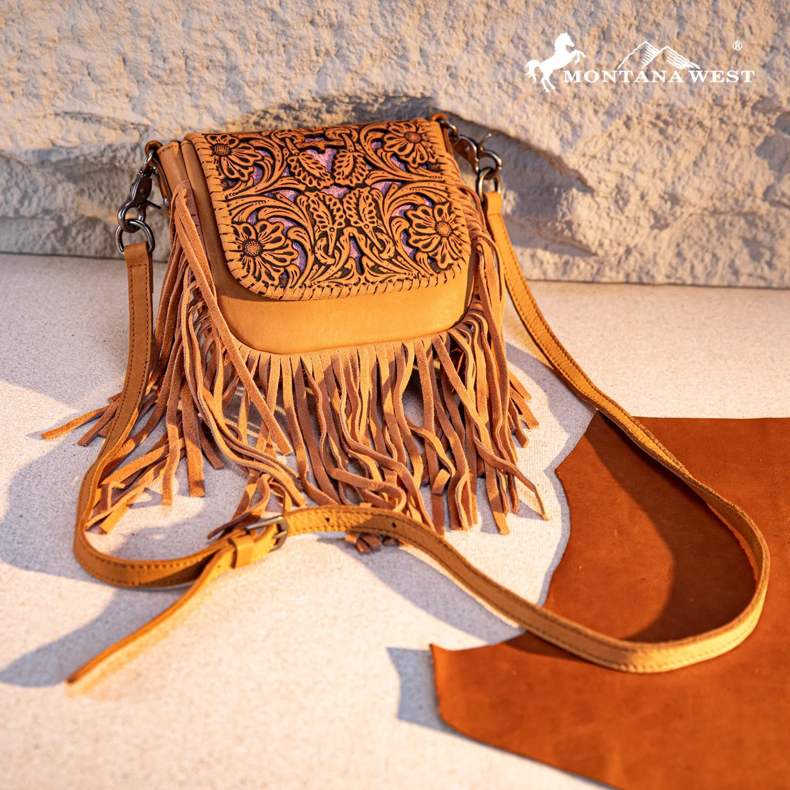 RLC-L188 Montana West Genuine Leather Tooled Fringe Crossbody