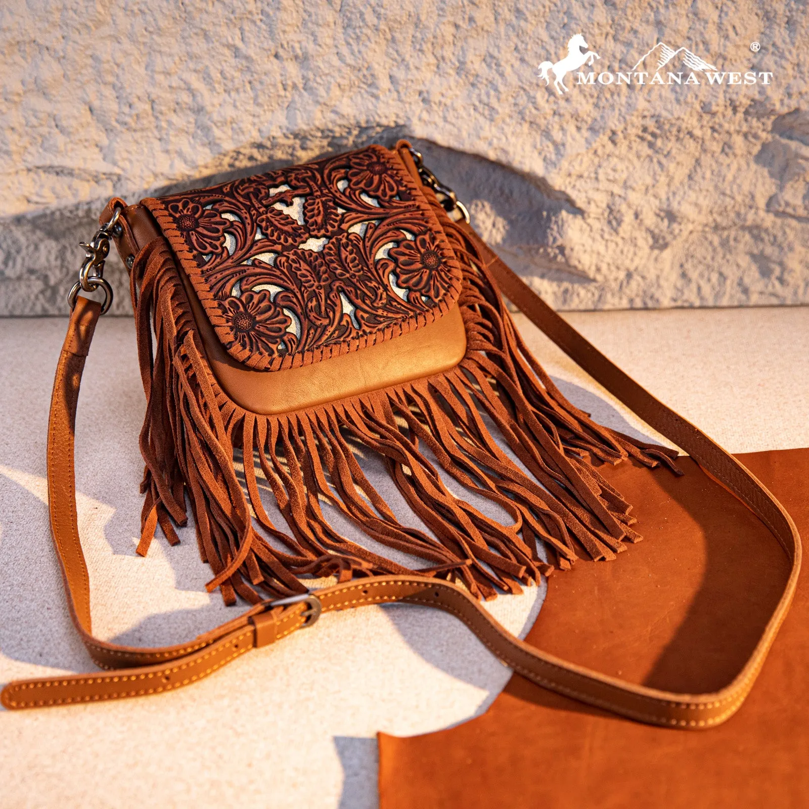 RLC-L188 Montana West Genuine Leather Tooled Fringe Crossbody