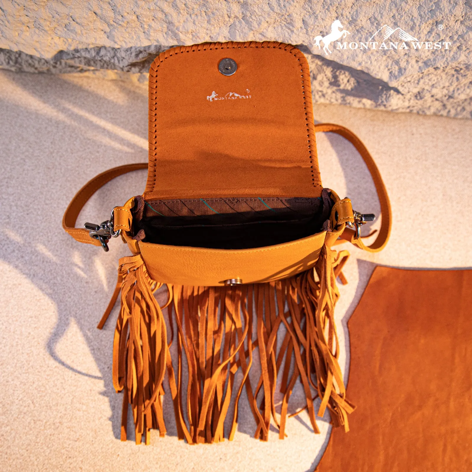 RLC-L188 Montana West Genuine Leather Tooled Fringe Crossbody