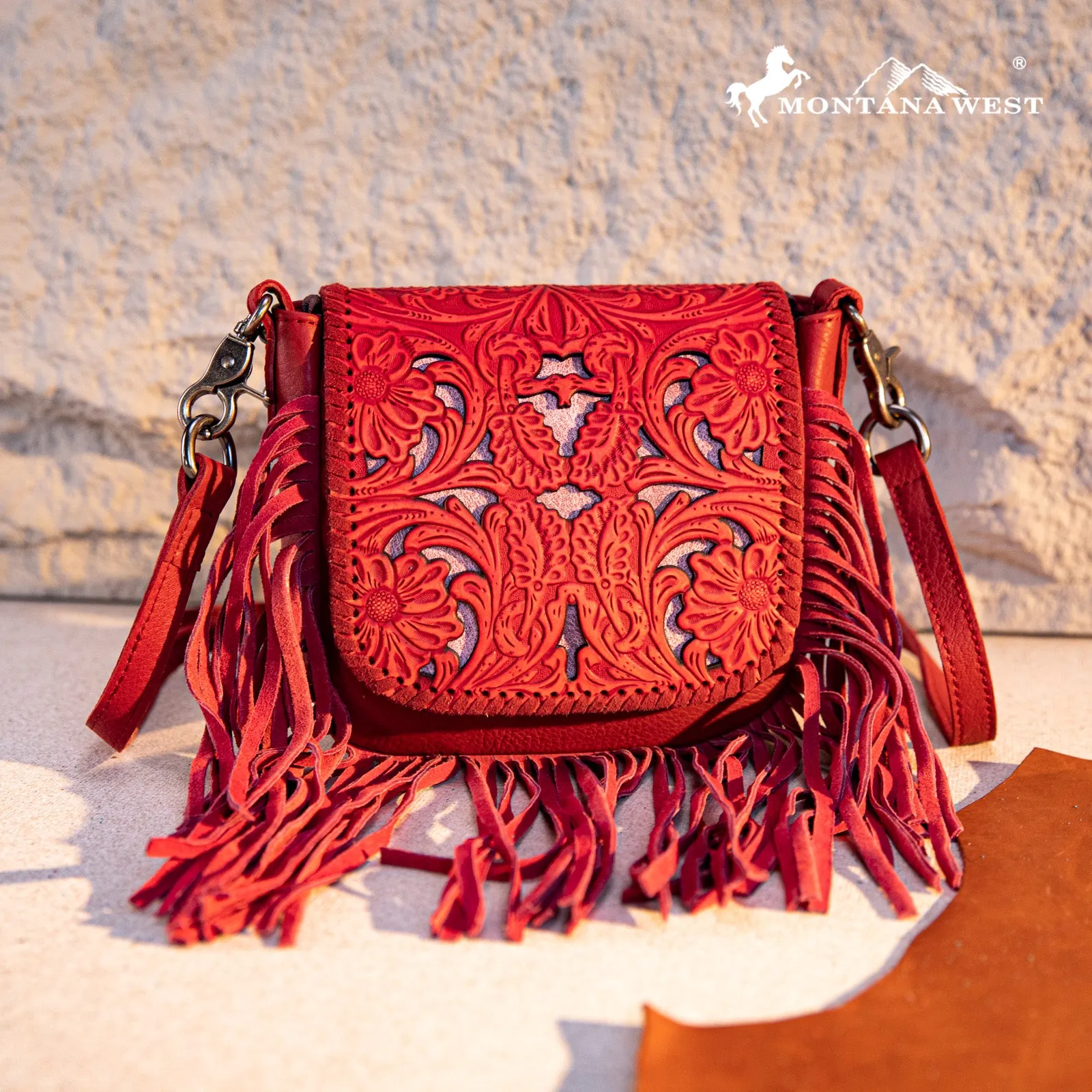 RLC-L188 Montana West Genuine Leather Tooled Fringe Crossbody