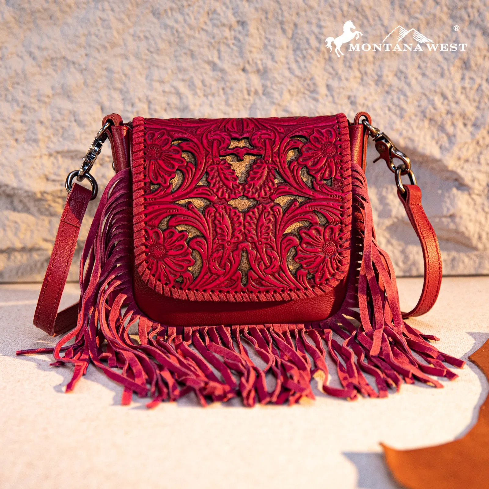 RLC-L188 Montana West Genuine Leather Tooled Fringe Crossbody