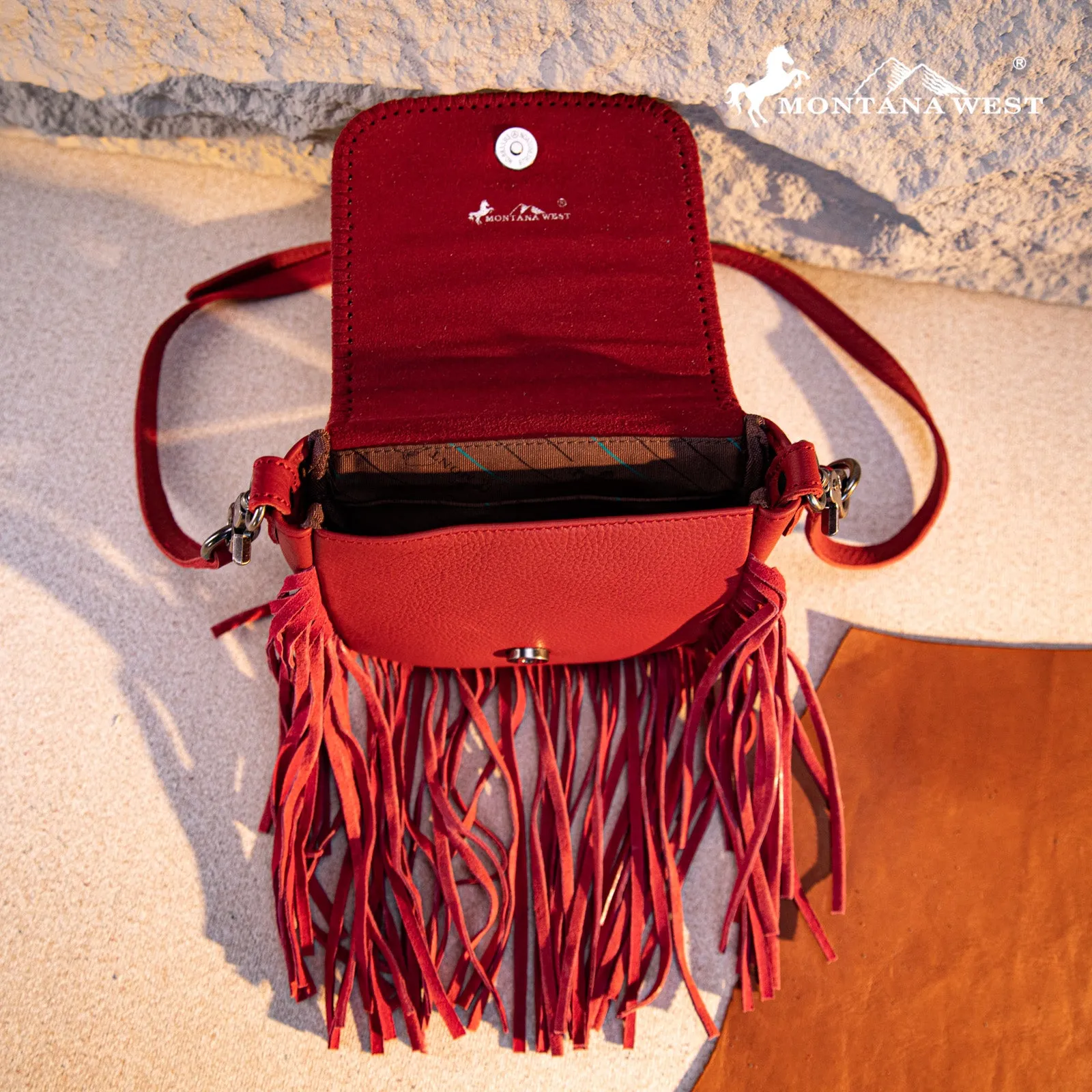 RLC-L188 Montana West Genuine Leather Tooled Fringe Crossbody