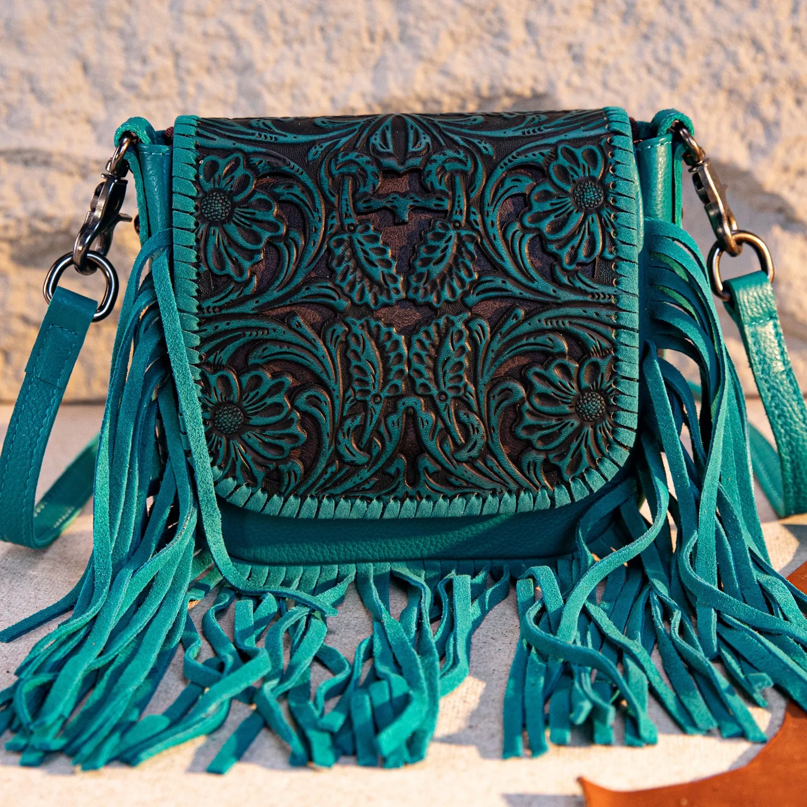 RLC-L188 Montana West Genuine Leather Tooled Fringe Crossbody