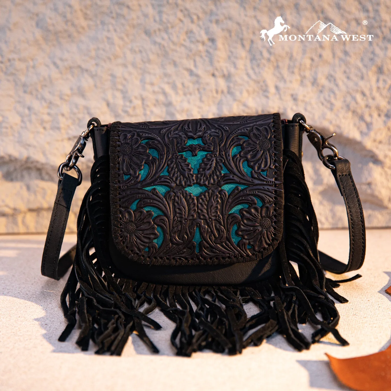 RLC-L188 Montana West Genuine Leather Tooled Fringe Crossbody