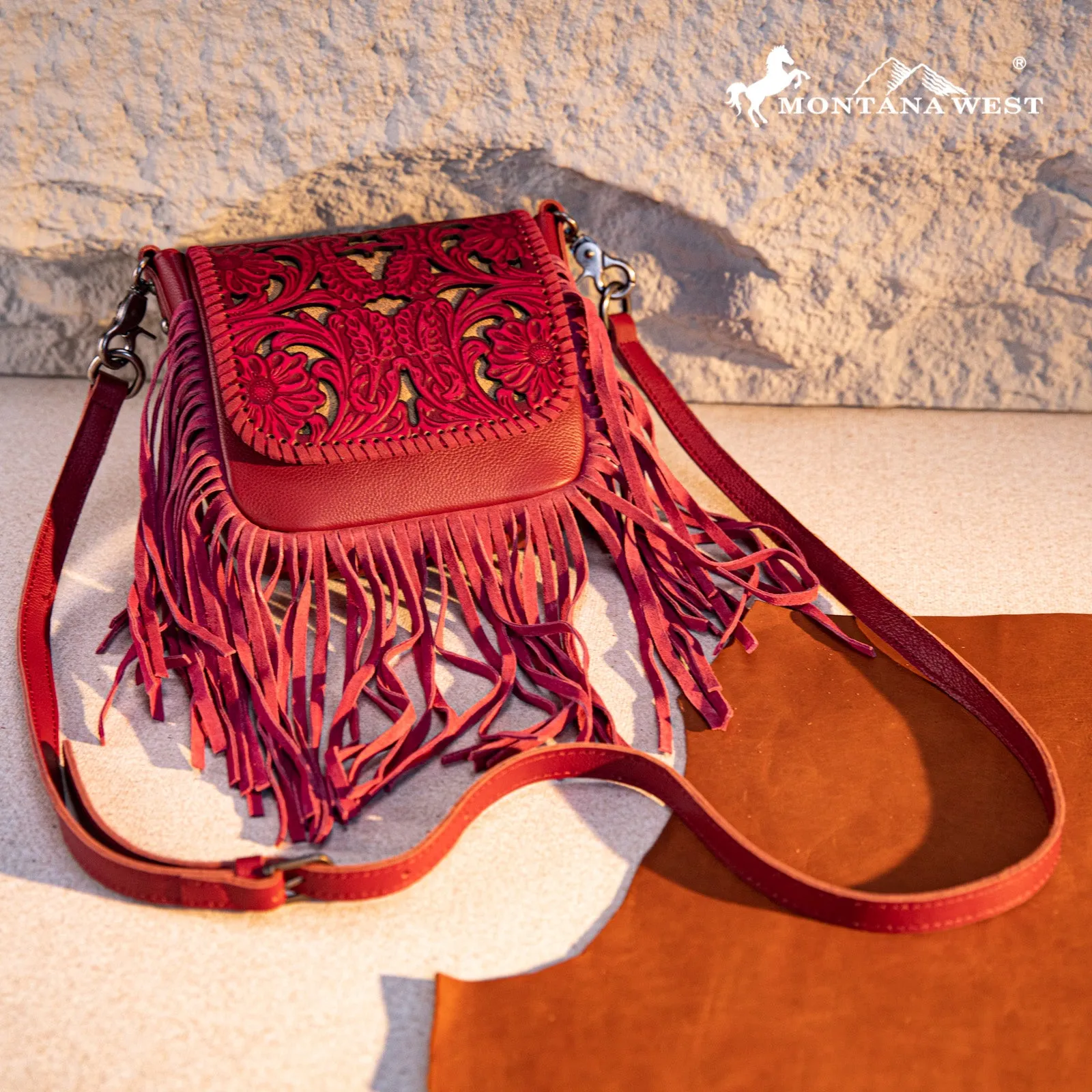 RLC-L188 Montana West Genuine Leather Tooled Fringe Crossbody