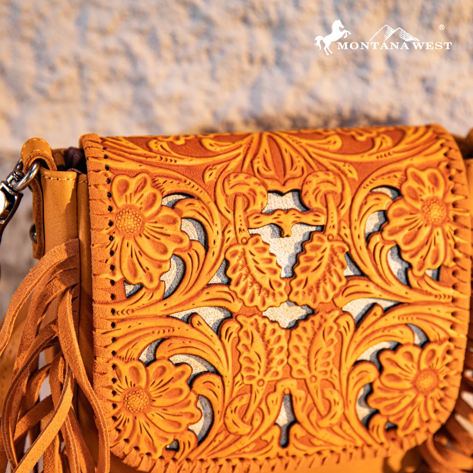 RLC-L188 Montana West Genuine Leather Tooled Fringe Crossbody