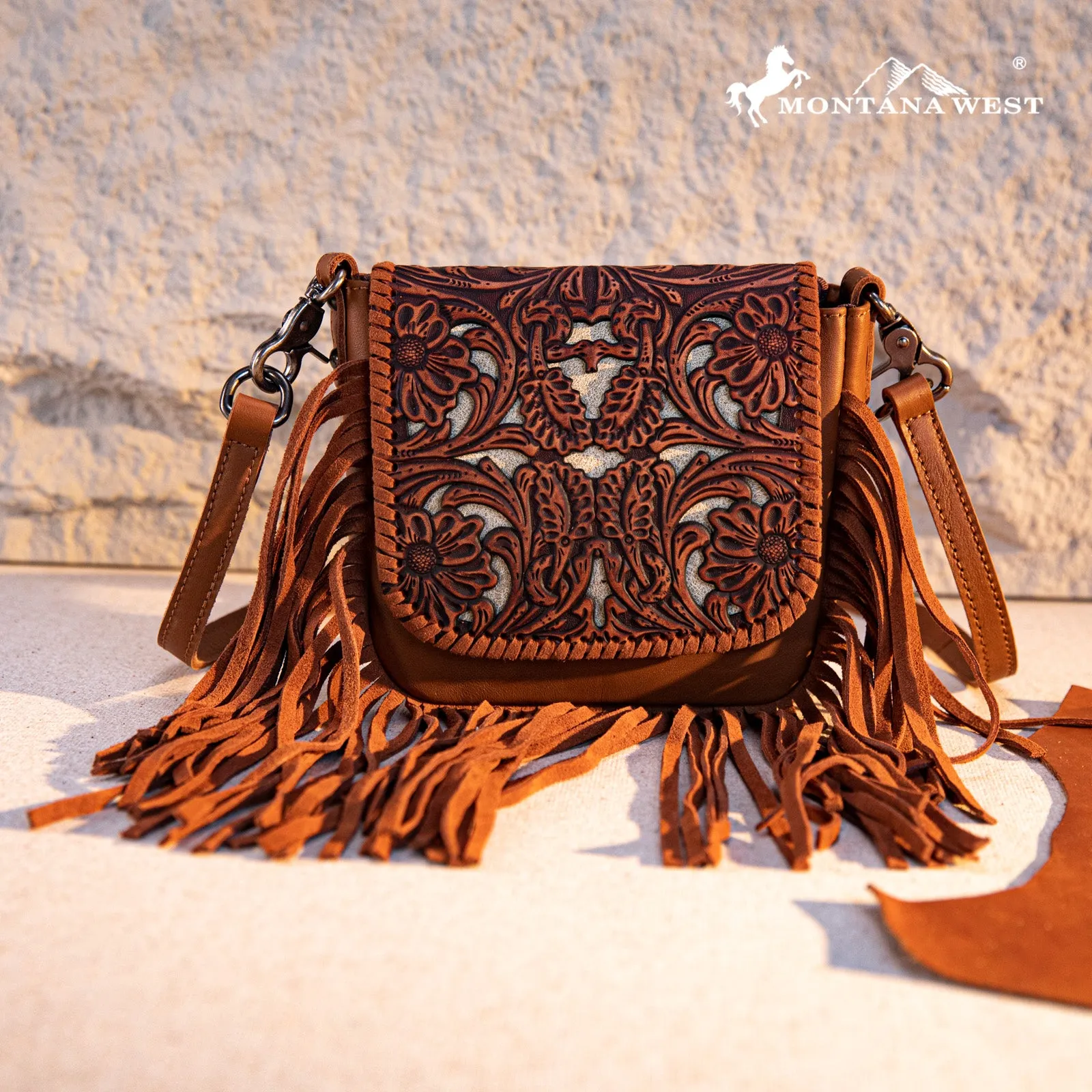 RLC-L188 Montana West Genuine Leather Tooled Fringe Crossbody