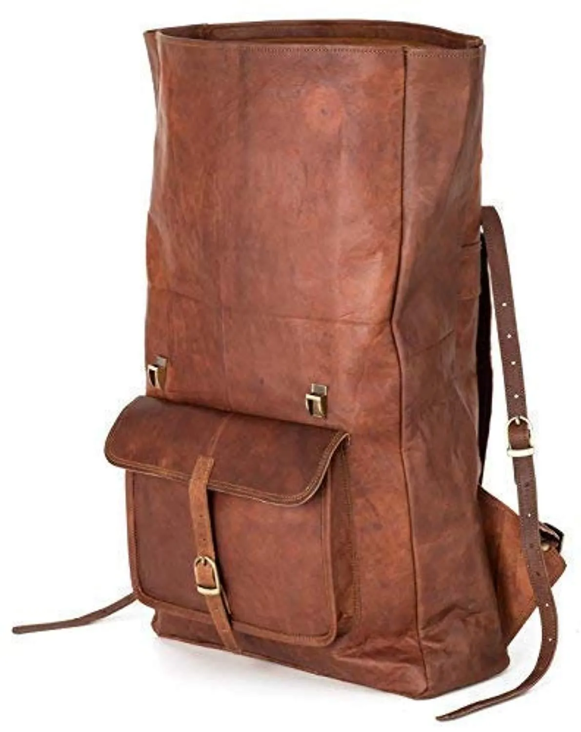 Roll Top Backpack Rucksack for Women Men Vintage Water Resistant Leather Brown Big xl