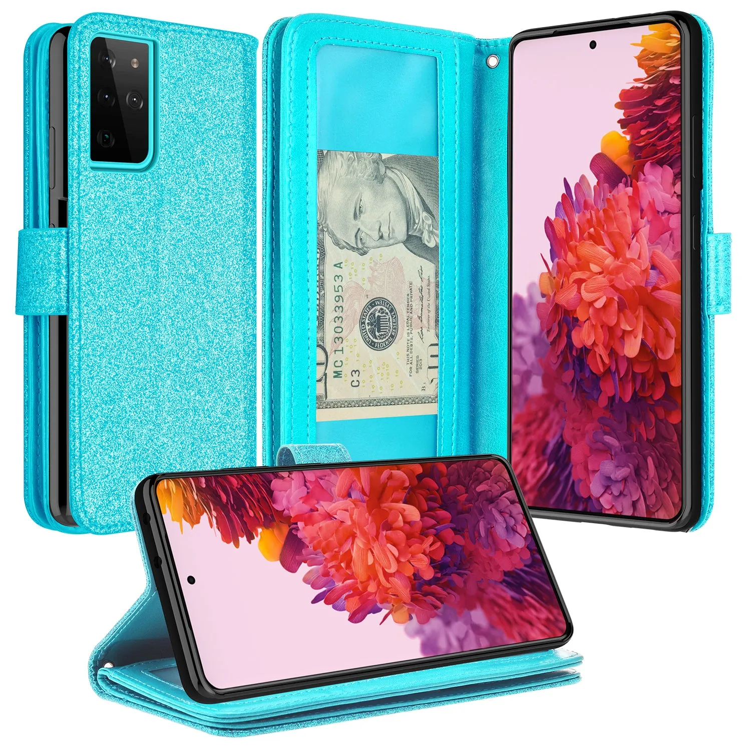 Samsung Galaxy S21 Ultra Case, Galaxy S21 Ultra Case, Glitter Faux Leather Flip Credit Card Holder Wrist Strap Shockproof Protective Wallet Case Clutch for Galaxy S21 Ultra - Teal