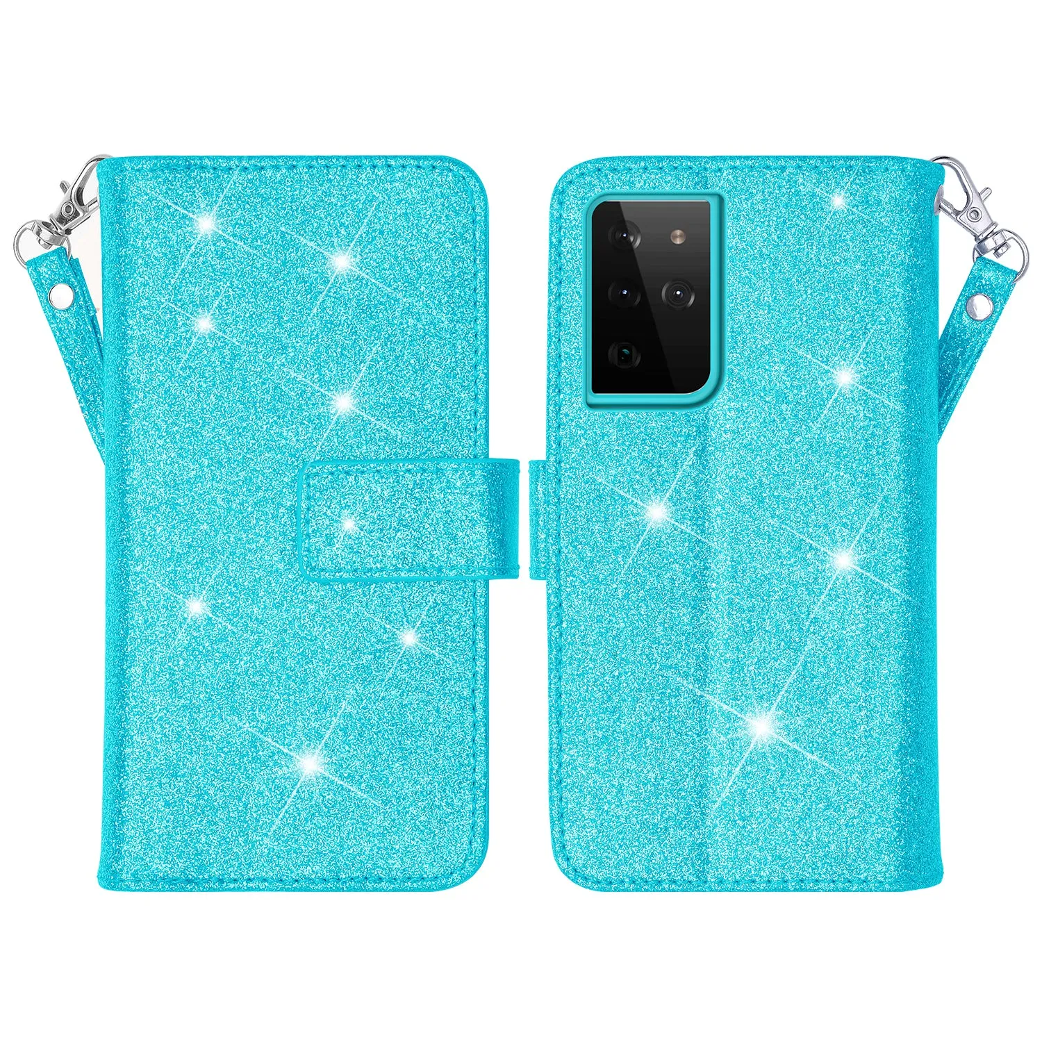 Samsung Galaxy S21 Ultra Case, Galaxy S21 Ultra Case, Glitter Faux Leather Flip Credit Card Holder Wrist Strap Shockproof Protective Wallet Case Clutch for Galaxy S21 Ultra - Teal