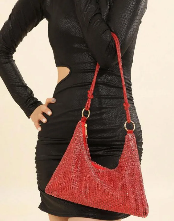 Shiny Rhinestone Glitter Bling Decor Red Hobo Bag