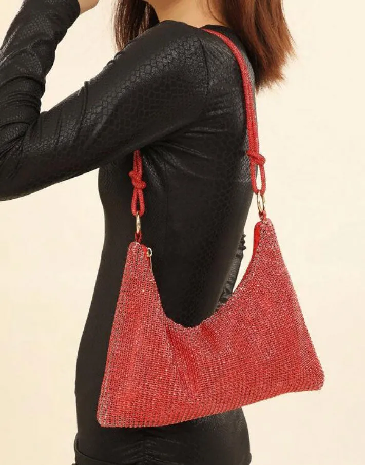 Shiny Rhinestone Glitter Bling Decor Red Hobo Bag