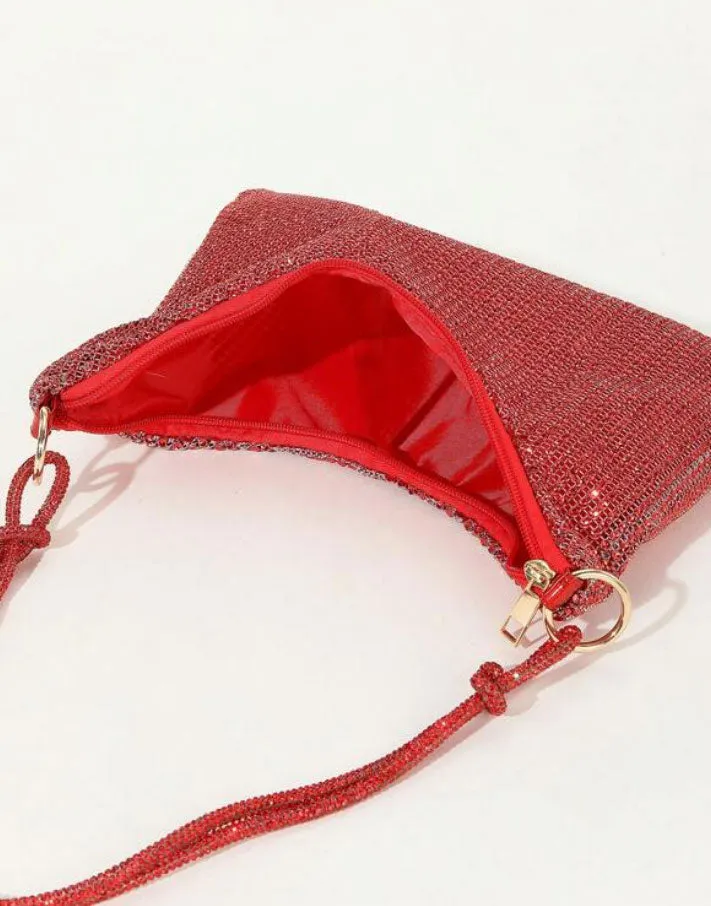 Shiny Rhinestone Glitter Bling Decor Red Hobo Bag