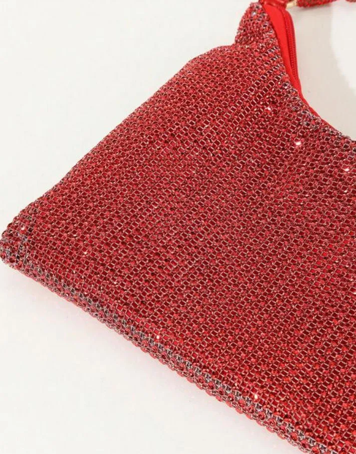 Shiny Rhinestone Glitter Bling Decor Red Hobo Bag