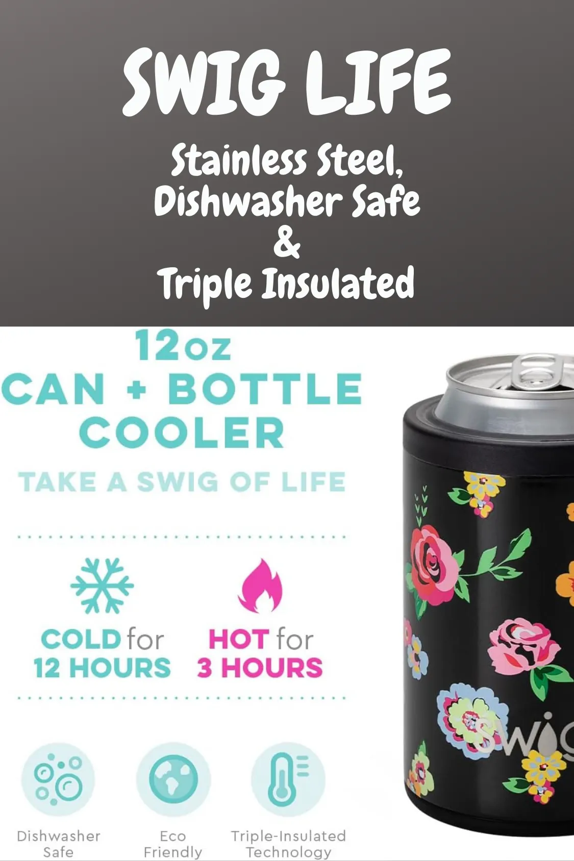 Swig Life Can Sleeve Bottle Cooler Stainless Steel Triple Insulated Size 12oz