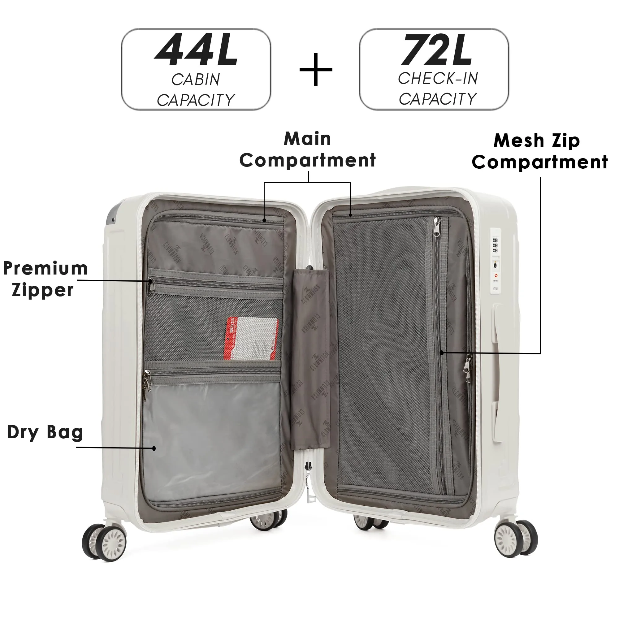 THE CLOWNFISH Combo of 2 Ballard Series Luggage ABS & Polycarbonate Exterior Suitcases Eight Wheel Trolley Bags with TSA Lock-White (Medium 65 cm-26 inch, Small 55 cm-22 inch)