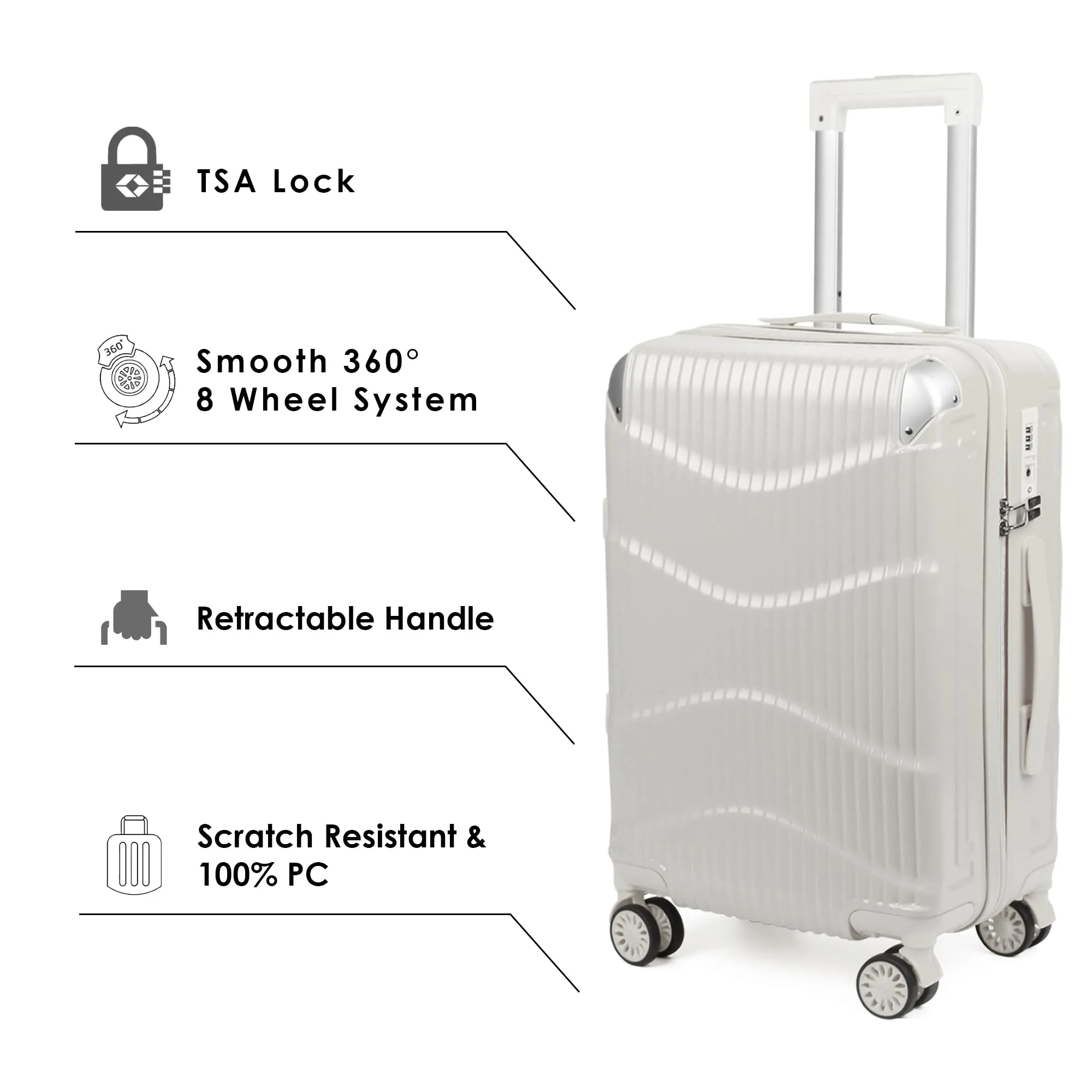 THE CLOWNFISH Combo of 2 Ballard Series Luggage ABS & Polycarbonate Exterior Suitcases Eight Wheel Trolley Bags with TSA Lock-White (Medium 65 cm-26 inch, Small 55 cm-22 inch)