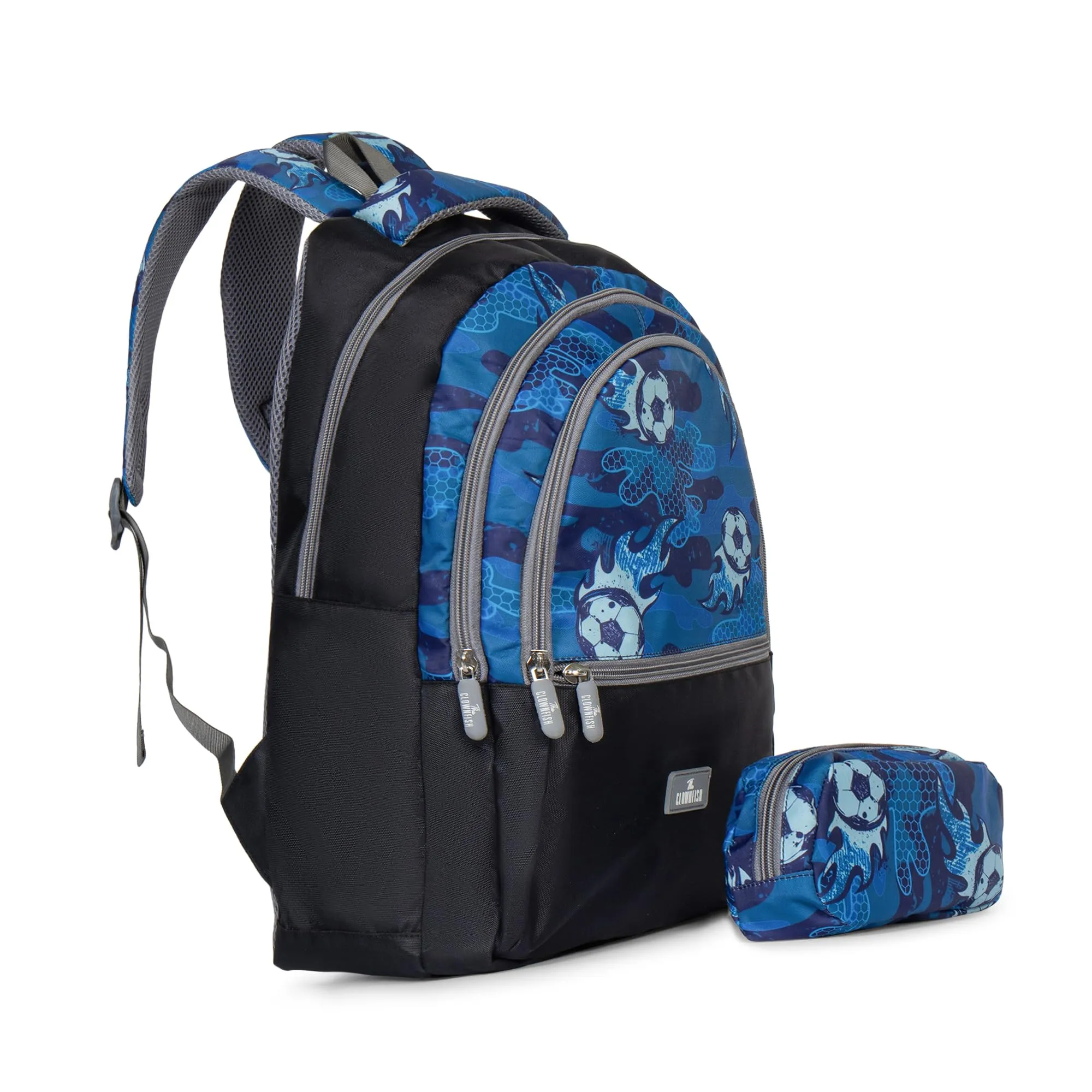 The Clownfish Edutrek Series Printed Polyester 33.5 L School Backpack with Pencil/Stationery Pouch School Bag Zip Pocket Daypack Picnic Bag For School Going Boys & Girls Age-10  years(Blue - Football)