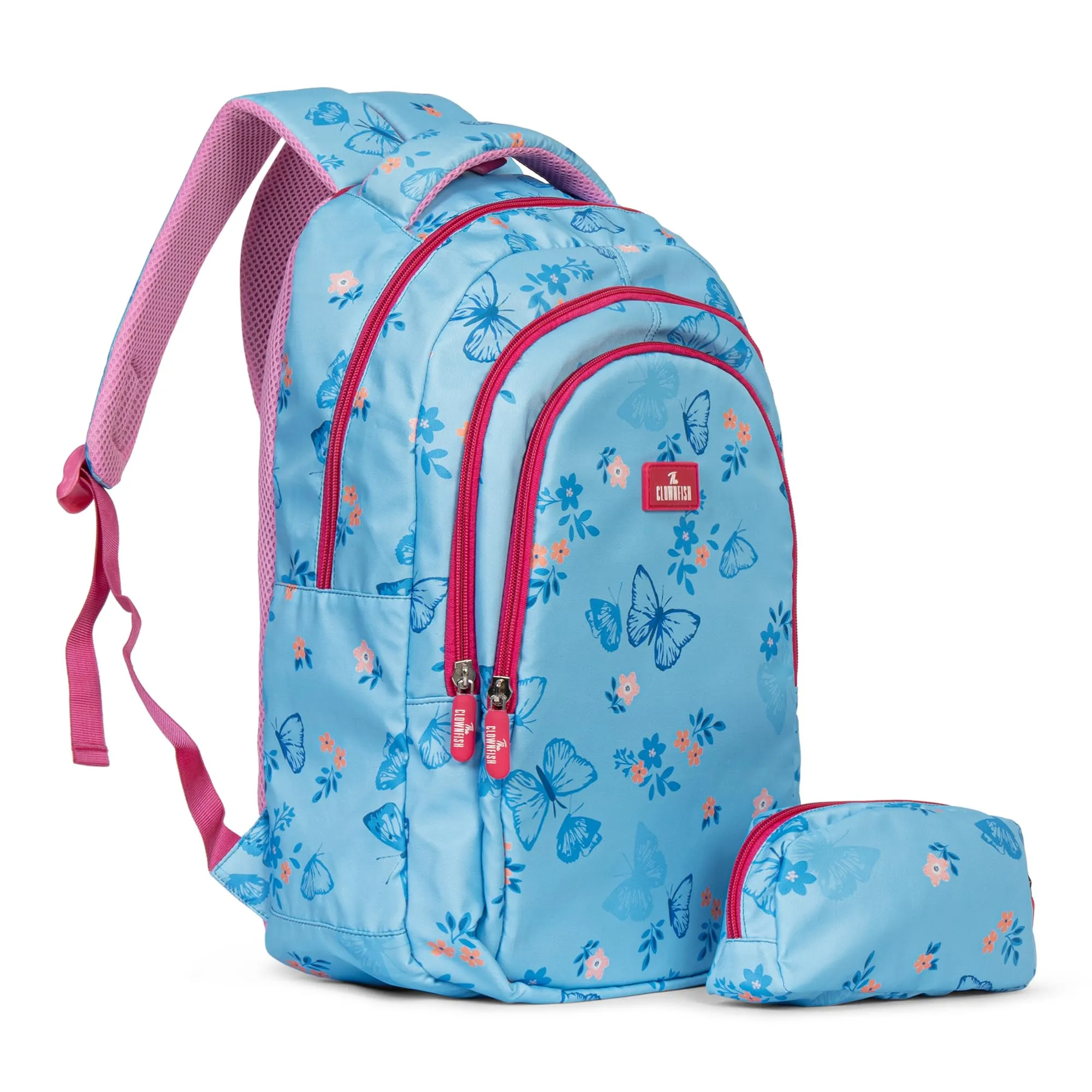 THE CLOWNFISH Scholastic Series Printed Polyester 30 L School Backpack with Pencil/Staionery Pouch School Bag Daypack Picnic Bag For School Going Boys & Girls Age 8-10 years (Blue - Pink)