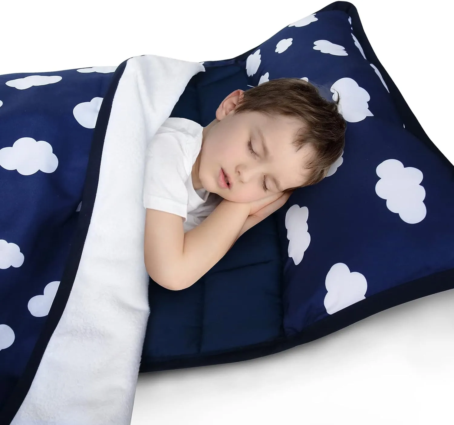 Toddler Nap Mat with Removable Pillow and Blanket, Lightweight Kids Nap Mats for Preschool Daycare, Travel Sleeping Bag for Boys Girls, 50" x 21" Fit Standard Cot, Super Soft and Cozy, Navy Cloud