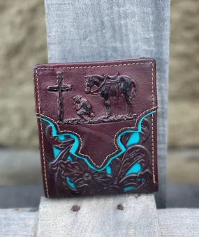 Top Notch Accessories 50100-3CF Coffee Praying Cowboy w/Turquoise Inlay Bi-Fold Wallet