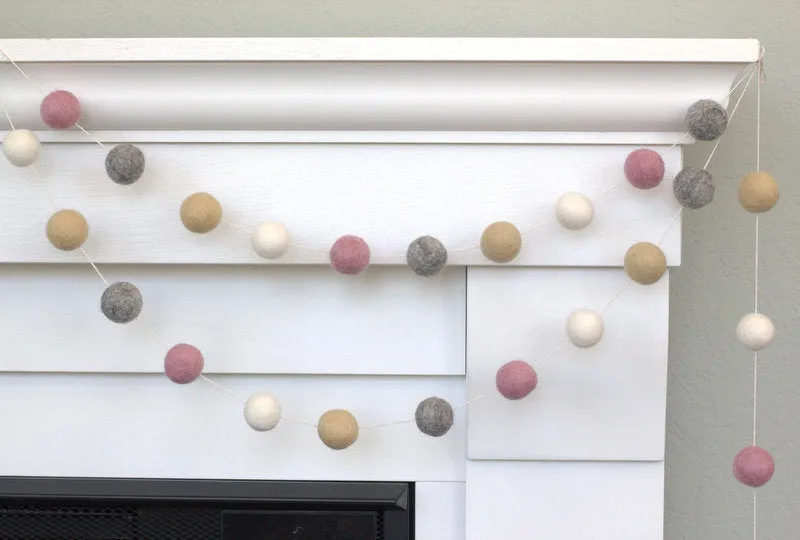 Valentine's Day Felt Ball Garland- Pink, Gray, Almond, White