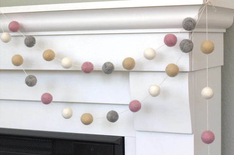 Valentine's Day Felt Ball Garland- Pink, Gray, Almond, White