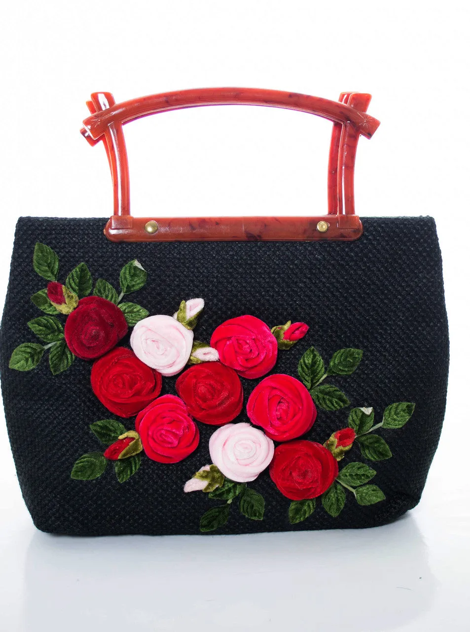 Vintage handbag with velvet applique roses and lucite handle