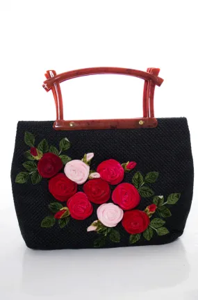 Vintage handbag with velvet applique roses and lucite handle