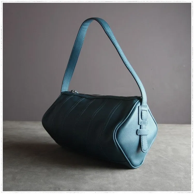 Womens Blue Leather Barrel Shoulder Handbag Womens Fashion Barrel Blue Handbag Purse Blue Handbag Shoulder Purse for Ladies