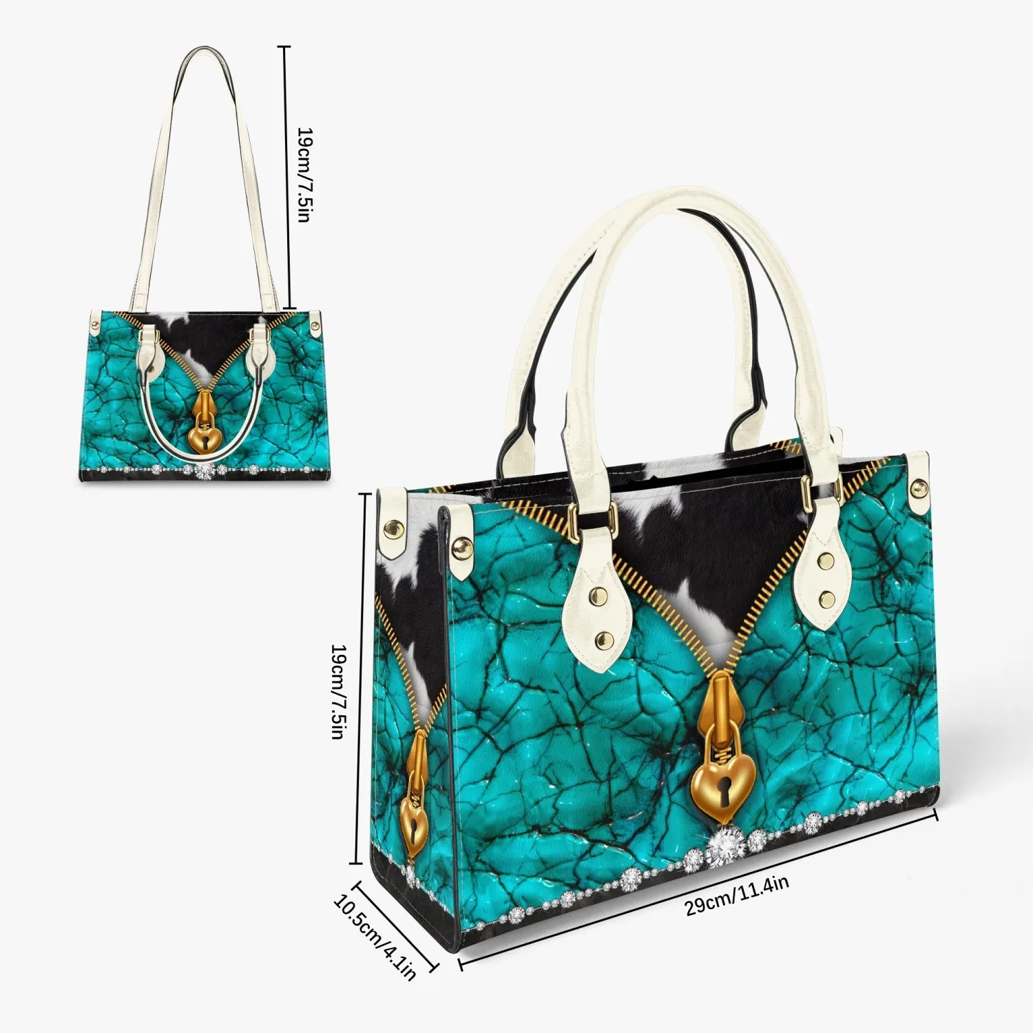 Women's Tote Bag - Long Strap - Turquoise, Zipper Cow Hide Look