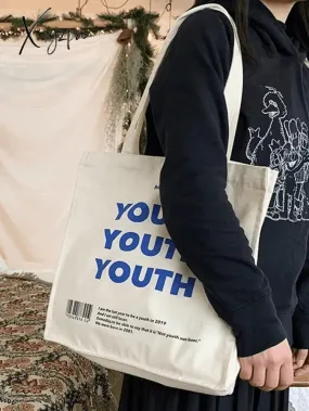 Youth Letter Graphic Canvas Shopper Bag