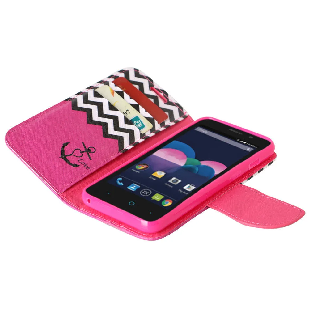 ZTE Obsidian | ZTE Z820 Case, Wrist Strap Magnetic Fold[Kickstand] Pu Leather Wallet Case with ID & Credit Card Slots for ZTE Obsidian | ZTE Z820 - Hot Pink Anchor