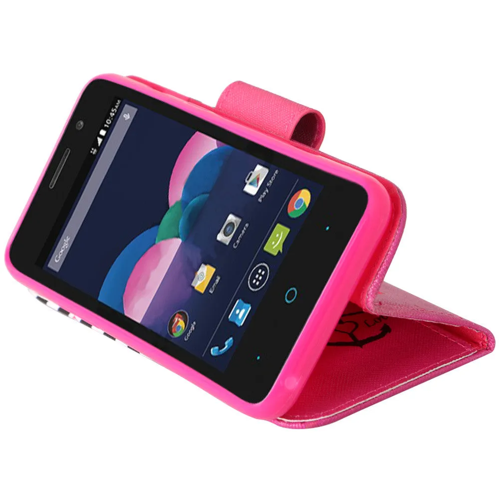 ZTE Obsidian | ZTE Z820 Case, Wrist Strap Magnetic Fold[Kickstand] Pu Leather Wallet Case with ID & Credit Card Slots for ZTE Obsidian | ZTE Z820 - Hot Pink Anchor